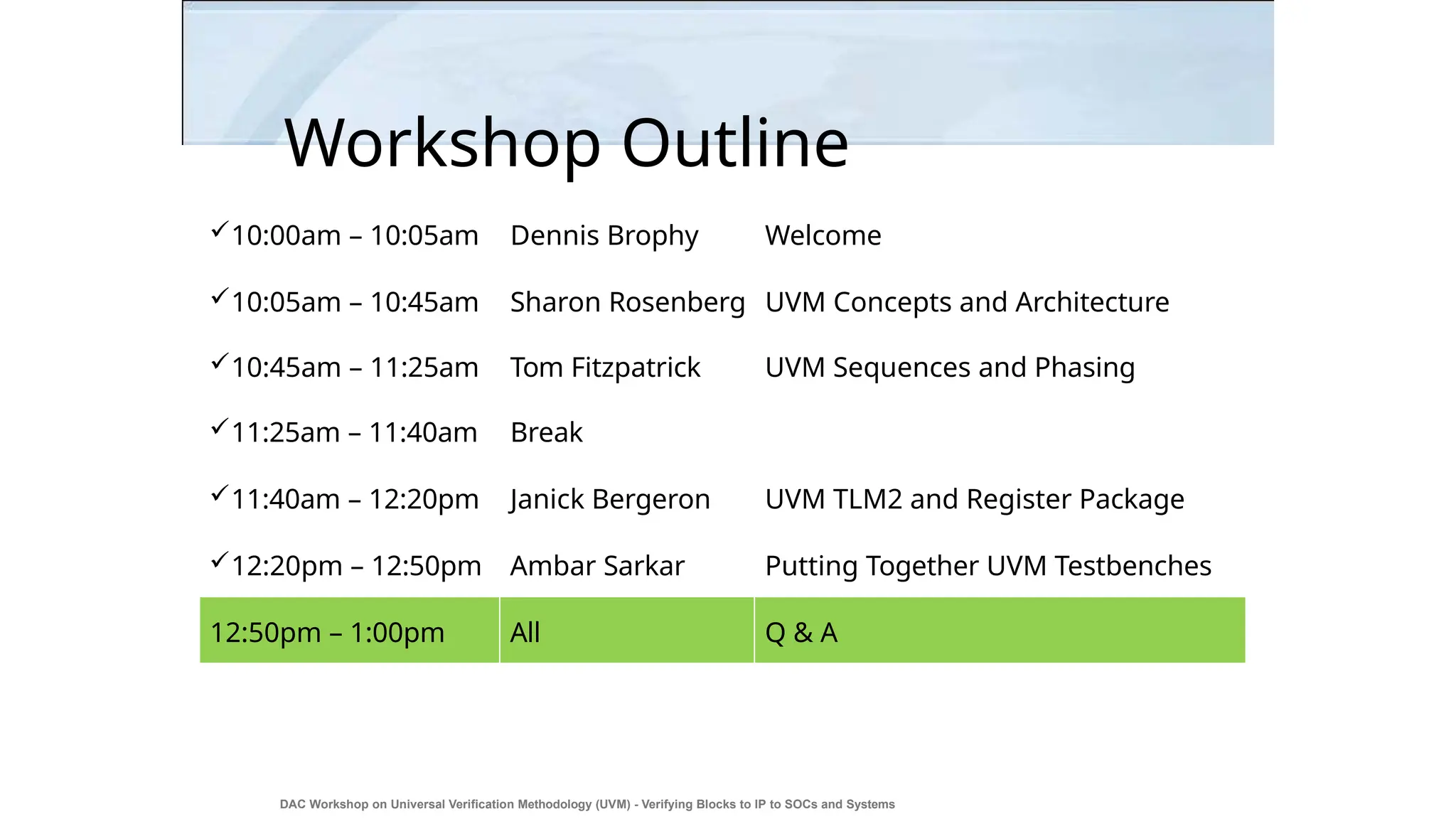 Workshop Outline
DAC Workshop on Universal Verification Methodology (UVM) - Verifying Blocks to IP to SOCs and Systems
45
10:00am – 10:05am Dennis Brophy Welcome
10:05am – 10:45am Sharon Rosenberg UVM Concepts and Architecture
10:45am – 11:25am Tom Fitzpatrick UVM Sequences and Phasing
11:25am – 11:40am Break
11:40am – 12:20pm Janick Bergeron UVM TLM2 and Register Package
12:20pm – 12:50pm Ambar Sarkar Putting Together UVM Testbenches
12:50pm – 1:00pm All Q & A
 