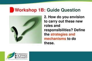 Workshop 1B: Guide Question
2. How do you envision
to carry out these new
roles and
responsibilities? Define
the strategies and
mechanisms to do
these.
 