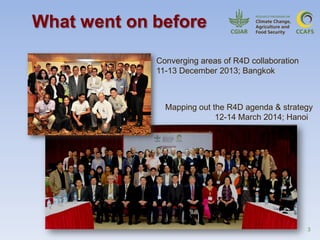 3
What went on before
Converging areas of R4D collaboration
11-13 December 2013; Bangkok
Mapping out the R4D agenda & strategy
12-14 March 2014; Hanoi
 