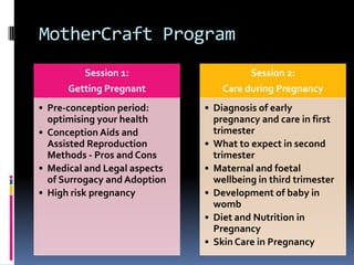 MotherCraft Program
Session 1:
Getting Pregnant
• Pre-conception period:
optimising your health
• Conception Aids and
Assisted Reproduction
Methods - Pros and Cons
• Medical and Legal aspects
of Surrogacy and Adoption
• High risk pregnancy
Session 2:
Care during Pregnancy
• Diagnosis of early
pregnancy and care in first
trimester
• What to expect in second
trimester
• Maternal and foetal
wellbeing in third trimester
• Development of baby in
womb
• Diet and Nutrition in
Pregnancy
• Skin Care in Pregnancy
 