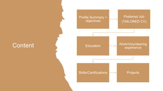 Content
Profile Summary +
objectives
Preferred Job
(TAILORED CV)
Education
Work/Volunteering
experience
Skills/Certifications Projects
 