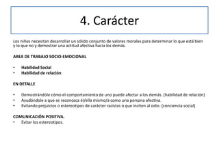 4. Carácter
Los niños necesitan desarrollar un sólido conjunto de valores morales para determinar lo que está bien
y lo que no y demostrar una actitud afectiva hacia los demás.
AREA DE TRABAJO SOCIO-EMOCIONAL
• Habilidad Social
• Habilidad de relación
EN DETALLE
• Demostrándole cómo el comportamiento de uno puede afectar a los demás. (habilidad de relación)
• Ayudándole a que se reconozca él/ella mismo/a como una persona afectiva.
• Evitando prejuicios o estereotipos de carácter racistas o que inciten al odio. (conciencia social)
COMUNICACIÓN POSITIVA.
• Evitar los estereotipos.
 