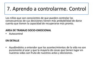 7. Aprendo a controlarme. Control
Los niños que son conscientes de que pueden controlar las
consecuencias de sus decisiones tienen más probabilidad de darse
cuenta que tienen la capacidad de recuperarse más pronto.
AREA DE TRABAJO SOCIO-EMOCIONAL
• Autocontrol
EN DETALLE
• Ayudándoles a entender que los acontecimientos de la vida no son
puramente al azar y que la mayoría de cosas que tienen lugar en
nuestras vidas son fruto de nuestros actos y decisiones.
 