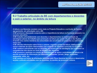 AUTO-AVALIAÇÃO BE/CRE B.2  Trabalho articulado da BE com departamentos e docentes e com o exterior, no âmbito da leitura   A leitura e as literacias constam como meta no Projecto Educativo e curricular de Escola/ agrupamento, em articulação com a BE. A BE promove a discussão conjunta sobre a importância da leitura na formação pessoal e no sucesso educativo. A BE trabalha articuladamente com docentes e departamentos na implementação de estratégias/ planos de trabalho para promoção da leitura por prazer (ficção e não ficção). A família e/ou outros membros da comunidade são envolvidos em projectos ou actividades nesta área. A BE difunde informação sobre livros e autores, organiza guiões de leitura, bibliografias e outros materiais de apoio relacionados com matérias de interesse curricular ou formativo. A BE colabora activamente com os docentes na construção de estratégias que melhorem as competências dos alunos ao nível da leitura e das literacias. A BE promove e participa na criação de instrumentos de apoio a actividades de leitura e de escrita/ produção de informação em diferentes ambientes: jornais, blogs, newsletter, webquests, wikis, etc. A BE conhece as linhas de orientação definidas pelo Plano Nacional de Leitura e desenvolve acções e articula actividades com os docentes, no sentido de promover a leitura. 