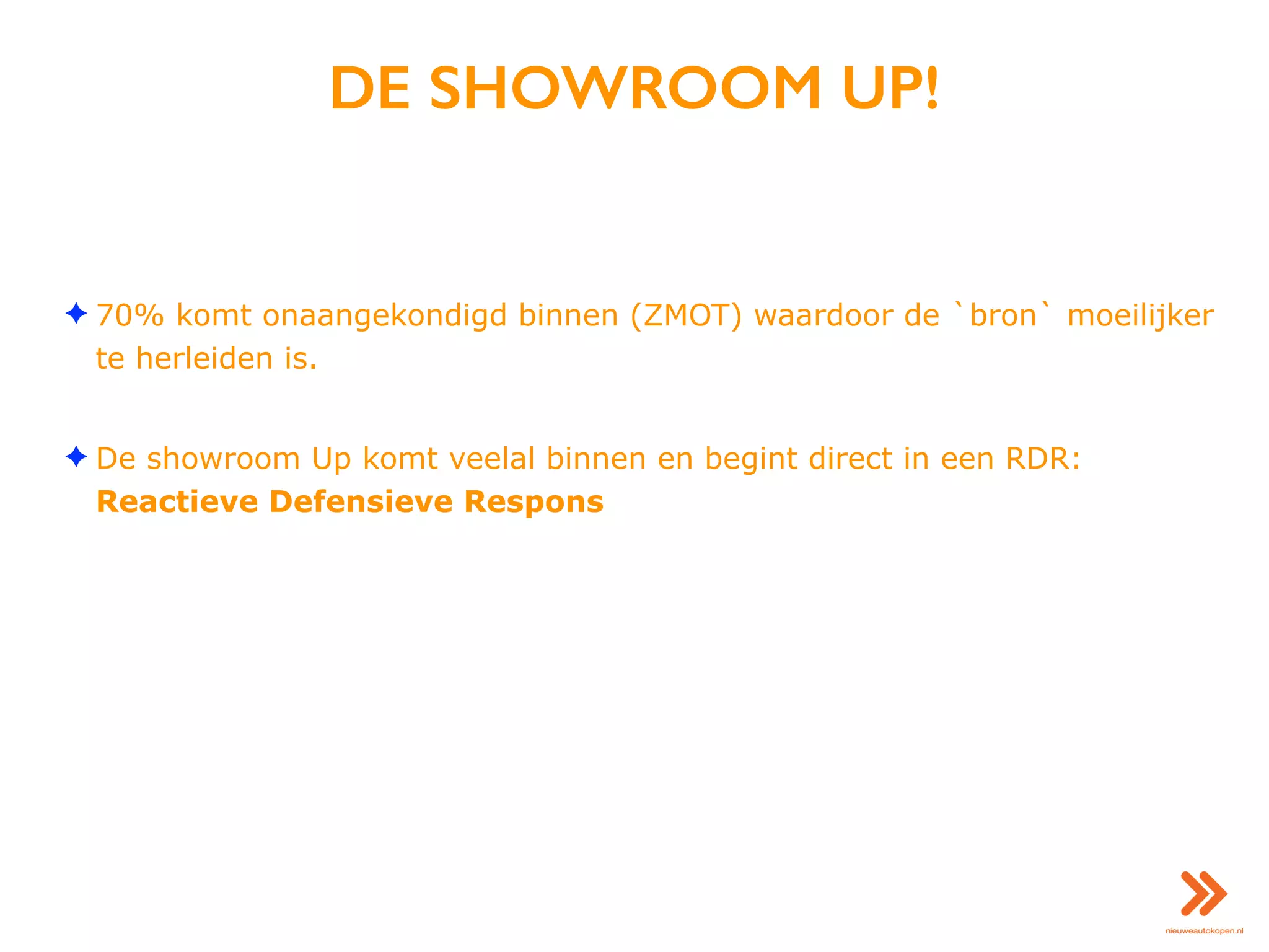 DE SHOWROOM UP!
✦ 70% komt onaangekondigd binnen (ZMOT) waardoor de `bron` moeilijker
te herleiden is.
✦ De showroom Up komt veelal binnen en begint direct in een RDR:
Reactieve Defensieve Respons
 