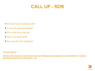 CALL UP - RDR
✦ Wil eerst mijn inruilprijs weten
✦ Is de auto nog beschikbaar?
✦ Zit er ook dit en dat op?
✦ Wat is uw beste prijs?
✦ Ben nog aan het vergelijken
en onze reactie….
Dat kan niet, daarvoor moet ik hem eerst zien! Wij geven geen prijzen voor de telefoon! Er worden
gevechten geleverd aan de telefoon…etc
 