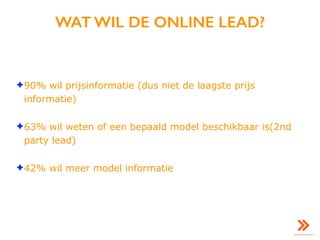 WAT WIL DE ONLINE LEAD?
✦90% wil prijsinformatie (dus niet de laagste prijs
informatie)
✦63% wil weten of een bepaald model beschikbaar is(2nd
party lead)
✦42% wil meer model informatie
 