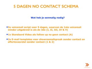 5 DAGEN NO CONTACT SCHEMA
Wat heb je eenmalig nodig?
✦5x voicemail script voor 5 dagen, waarvan de 1ste voicemail
minder uitgebreid is als de 3de (I, II, III, IV & V)
✦1x Standaard Video als follow up na geen contact (A)
✦2x E-mail templates voor showroomafspraak zonder contact en
offertevoorstel zonder contact (1 & 2)
 