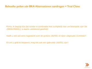 Behoefte peilen adv BKA Alternatieven aandragen + Trial Close
Prima, ik begrijp dus dat ruimte in combinatie met zuinigheid voor uw belangrijk zijn! De
{MERK/MODEL} is daarin uitstekend geschikt!
Heeft u ook wel eens nagedacht over de grotere {AUTO} of rijker uitgeruste {Limited}?
En om u geld te besparen, mag het ook een gebruikte {AUTO} zijn?
 