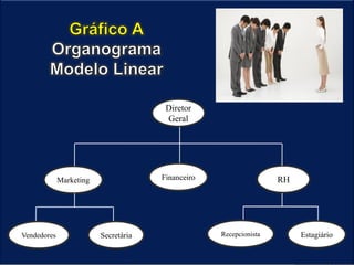 Diretor
                                       Geral




             Marketing                Financeiro                   RH




Vendedores               Secretária                Recepcionista        Estagiário
 