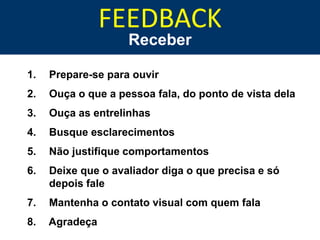FEEDBACK
                    Receber

1.   Prepare-se para ouvir
2.   Ouça o que a pessoa fala, do ponto de vista dela
3.   Ouça as entrelinhas
4.   Busque esclarecimentos
5.   Não justifique comportamentos
6.   Deixe que o avaliador diga o que precisa e só
     depois fale
7.   Mantenha o contato visual com quem fala
8.   Agradeça
 