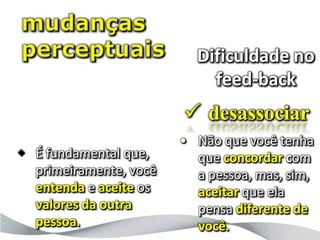 Dificuldade no
                            feed-back
                         desassociar
                        • Não que você tenha
 É fundamental que,      que concordar com
  primeiramente, você     a pessoa, mas, sim,
  entenda e aceite os     aceitar que ela
  valores da outra        pensa diferente de
  pessoa.                 você.
 