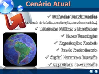 Cenário Atual
                      Profundas Transformações
 (no mundo do trabalho, na educação, nos valores sociais...)

           Influências Políticas e Econômicas
                                 Novas Tecnologias
                           Organizações Flexíveis
                            Era do Conhecimento
                    Capital Humano e Inovação
                      Capacidade de Adaptação
 