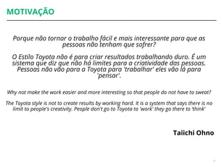 MOTIVAÇÃO
Porque não tornar o trabalho fácil e mais interessante para que as
pessoas não tenham que sofrer?
O Estilo Toyota não é para criar resultados trabalhando duro. É um
sistema que diz que não há limites para a criatividade das pessoas.
Pessoas não vão para a Toyota para 'trabalhar' eles vão lá para
'pensar'.
Why not make the work easier and more interesting so that people do not have to sweat?
The Toyota style is not to create results by working hard. It is a system that says there is no
limit to people's creativity. People don't go to Toyota to 'work' they go there to ‘think’
Taiichi Ohno
31
 