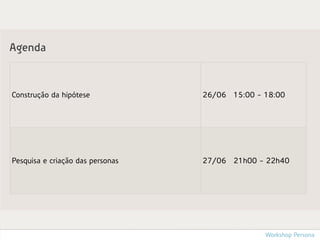 Agenda



Construção da hipótese            26/06 15:00 - 18:00




Pesquisa e criação das personas   27/06 21h00 - 22h40




                                                Workshop Persona
 
