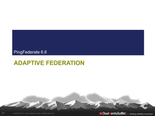 PingFederate 6.6

      ADAPTIVE FEDERATION




14   Copyright © 2011. Cloud Identity Summit. All Rights Reserved.
 