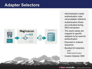 Adapter Selectors
                    • Administrators create
                      authentication rules
                      using adapter selectors
                    • Authentication Rules
                      are evaluated during
                      SSO transaction
                    • The result values are
                      mapped to specific
                      adapters to be used for
                      authentication
                    • Executed in ordered
                      sequence
                    • Bundled 6.6 selectors
                       – CIDR
                       – SAML AuthN Context
                    • Custom Selector SDK
 
