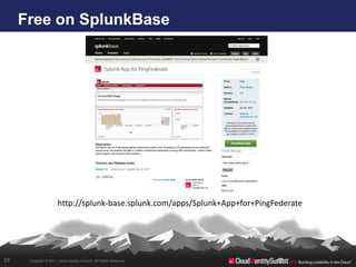 Free on SplunkBase




                       http://splunk-base.splunk.com/apps/Splunk+App+for+PingFederate




29    Copyright © 2011. Cloud Identity Summit. All Rights Reserved.
 