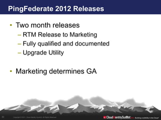 PingFederate 2012 Releases

     • Two month releases
            – RTM Release to Marketing
            – Fully qualified and documented
            – Upgrade Utility


     • Marketing determines GA




31    Copyright © 2011. Cloud Identity Summit. All Rights Reserved.
 