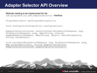 Adapter Selector API Overview
     Methods needing to be implemented for the
     com.pingidentity.sdk.AdapterSelector interface:

     PluginDescriptor getPluginDescriptor();

     void configure(Configuration configuration);

     AdapterSelectorContext selectContext(HttpServletRequest req,
     HttpServletResponse resp, Map<String, String>
     mappedAdapterIdsNames, Map<String, Object> extraParameters,
     String resumePath);

     void callback(HttpServletRequest req, HttpServletResponse resp,
     Map authnIdentifiers, String adapterInstanceId,
     AdapterSelectorContext adapterSelectorContext);




40    Copyright © 2011. Cloud Identity Summit. All Rights Reserved.
 