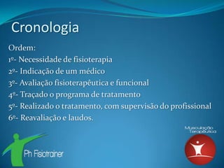 Cronologia
Ordem:
1º- Necessidade de fisioterapia
2º- Indicação de um médico
3º- Avaliação fisioterapêutica e funcional
4º- Traçado o programa de tratamento
5º- Realizado o tratamento, com supervisão do profissional
6º- Reavaliação e laudos.
 