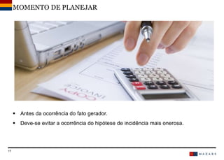 DateTitre de la présentation17
 Antes da ocorrência do fato gerador.
 Deve-se evitar a ocorrência do hipótese de incidência mais onerosa.
MOMENTO DE PLANEJAR
 