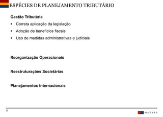 DateTitre de la présentation25
Gestão Tributária
 Correta aplicação da legislação
 Adoção de benefícios fiscais
 Uso de medidas administrativas e judiciais
Reorganização Operacionais
Reestruturações Societárias
Planejamentos Internacionais
ESPÉCIES DE PLANEJAMENTO TRIBUTÁRIO
 