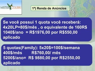 1ª) Renda de Anúncios



Se você possui 1 quota você receberá:
4x20LP=80$/mês , o equivalente de 160R$
1040$/ano = R$1976,00 por R$550,00
aplicado

5 quotas(Family): 5x20$=100$/semana
400$/mês     R$760,00/ mês
5200$/ano= R$ 9880,00 por R$2550,00
aplicado
 