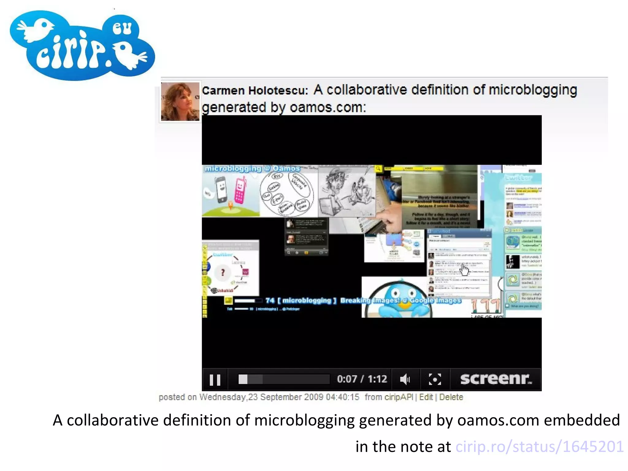 A collaborative definition of microblogging generated by oamos.com embedded  in the note at  cirip.ro/status/1645201 