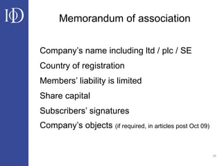 26
Memorandum of association
Company’s name including ltd / plc / SE
Country of registration
Members’ liability is limited
Share capital
Subscribers’ signatures
Company’s objects (if required, in articles post Oct 09)
 