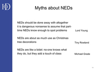 59
Myths about NEDs
NEDs should be done away with altogether
it is dangerous nonsense to assume that part-
time NEDs know enough to spot problems
NEDs are about as much use as Christmas
tree decorations
NEDs are like a bidet: no-one knows what
they do, but they add a touch of class
Lord Young
Tiny Rowland
Michael Grade
 