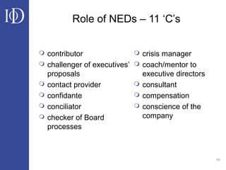 60
Role of NEDs – 11 ‘C’s
 contributor
 challenger of executives’
proposals
 contact provider
 confidante
 conciliator
 checker of Board
processes
 crisis manager
 coach/mentor to
executive directors
 consultant
 compensation
 conscience of the
company
 