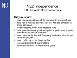 61
NED independence
UK Corporate Governance Code
They must not:
 have been an employee of the company in previous 5 yrs.
 have had a material business interest with the company in
previous 3 years
 receive income, other than director’s fees
 participate in company’s share option or performance related
remuneration/pension schemes
 have close family ties with Company’s advisers, directors or
senior employees
 have conflicting cross directorships
 represent significant shareholders
 serve as a director for more than 9 years
 