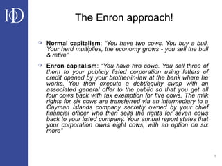 8
The Enron approach!
 Normal capitalism: “You have two cows. You buy a bull.
Your herd multiplies, the economy grows - you sell the bull
& retire”
 Enron capitalism: “You have two cows. You sell three of
them to your publicly listed corporation using letters of
credit opened by your brother-in-law at the bank where he
works. You then execute a debt/equity swap with an
associated general offer to the public so that you get all
four cows back with tax exemption for five cows. The milk
rights for six cows are transferred via an intermediary to a
Cayman Islands company secretly owned by your chief
financial officer who then sells the rights for seven cows
back to your listed company. Your annual report states that
your corporation owns eight cows, with an option on six
more”
 