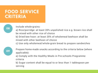 FOOD SERVICE
CRITERIA
Include whole-grains:
a) Rice/porridge: at least 20% unpolished rice e.g. brown rice shall
be mixed with other rice of choice
b) Dried bee hoon: at least 20% of wholemeal beehoon shall be
mixed with other beehoon of choice
c) Use only wholemeal/whole-grain bread to prepare sandwiches 
08
Prepare home-made snacks according to the criteria below (where
applicable):
a) Comply with the Healthy Meals in Pre-schools Programme
criteria
b) Sugar content shall be equal to or less than 1 tablespoon per
serving
09
 
