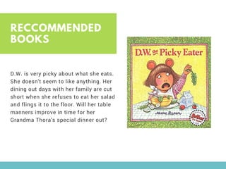 RECCOMMENDED
BOOKS
D.W. is very picky about what she eats.
She doesn't seem to like anything. Her
dining out days with her family are cut
short when she refuses to eat her salad
and flings it to the floor. Will her table
manners improve in time for her
Grandma Thora's special dinner out?
 