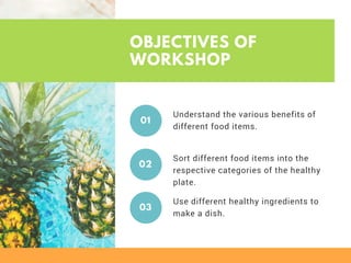 OBJECTIVES OF
WORKSHOP
Understand the various benefits of
different food items.
01
Sort different food items into the
respective categories of the healthy
plate.
02
Use different healthy ingredients to
make a dish.
03
 