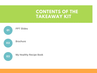 CONTENTS OF THE
TAKEAWAY KIT
PPT Slides
01
Brochure
02
My Healthy Recipe Book
03
 