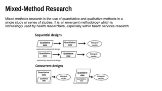 Mixed-Method Research
Mixed methods research is the use of quantitative and qualitative methods in a
single study or series of studies. It is an emergent methodology which is
increasingly used by health researchers, especially within health services research
 