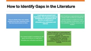 How to Identify Gaps in the Literature
Find out whether there were related
questions from other researchers and if
they have found answers to them.
It will help you prevent work
duplication. Your research project is
something you will spend a lot of
time on, so make sure it
stimulates your enthusiasm and
interest.
When finalizing an unprecedented research
concept, make sure that you consider the
period available to complete the project
and other essential considerations, such as
the availability of funding, resources, and
facilities.
Your research project is something you will
spend a lot of time on, so make sure it
stimulates your enthusiasm and interest.
When finalizing an unprecedented
research concept, make sure that you
consider the
period available to complete the
project and other essential
considerations, such as the
availability of funding, resources, and
facilities
 