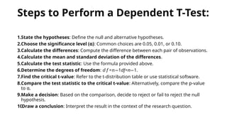 Steps to Perform a Dependent T-Test:
1.State the hypotheses: Define the null and alternative hypotheses.
2.Choose the significance level (α): Common choices are 0.05, 0.01, or 0.10.
3.Calculate the differences: Compute the difference between each pair of observations.
4.Calculate the mean and standard deviation of the differences.
5.Calculate the test statistic: Use the formula provided above.
6.Determine the degrees of freedom: = 1
𝑑𝑓 𝑛− df=n 1
− .
7.Find the critical t-value: Refer to the t-distribution table or use statistical software.
8.Compare the test statistic to the critical t-value: Alternatively, compare the p-value
to α.
9.Make a decision: Based on the comparison, decide to reject or fail to reject the null
hypothesis.
10.
Draw a conclusion: Interpret the result in the context of the research question.
 