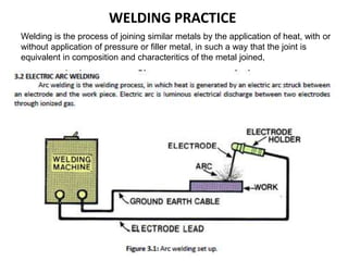 WELDING PRACTICE
Welding is the process of joining similar metals by the application of heat, with or
without application of pressure or filler metal, in such a way that the joint is
equivalent in composition and characteritics of the metal joined,
 