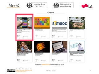 Dieses Werk ist lizenziert unter einer
Creative Commons Namensnennung
4.0 International Lizenz.
Learning Apps
TU Graz
Informatische
Grundbildung
Markus Ebner 4
Screenshot www.imoox.at (erstellt am 18.09.2017)
 