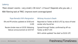 Introduction Wiki Characteristics Time Signals Final RemarksData
Freshness/Timeliness
Latency
‘Main-stream’ events – very small (<30 mins? <2 hours? Depends who you ask…)
KBA filtering task at TREC: improve event coverage/speed
Pope Benedict XVI’s Resignation
EN and FR articles updated at 10:58 and
11:00
Reuters broke news at 10:59, following
Vatican announcement at 10:57:47
Whitney Houston’s Death
Reported on Twitter at 00:15 UTC by niece of hotel
worker who found her
Spread through Twitter, confirmed by AP via
Twitter at 00:57 UTC
WH’s article updated ‘has died’ as 01:01 UTC
 