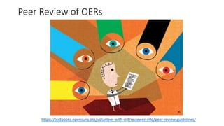 Peer Review of OERs
https://textbooks.opensuny.org/volunteer-with-ost/reviewer-info/peer-review-guidelines/
 