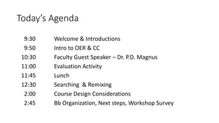 Today’s Agenda
9:30 Welcome & Introductions
9:50 Intro to OER & CC
10:30 Faculty Guest Speaker – Dr. P.D. Magnus
11:00 Evaluation Activity
11:45 Lunch
12:30 Searching & Remixing
2:00 Course Design Considerations
2:45 Bb Organization, Next steps, Workshop Survey
 