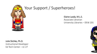 Your Support / Superheroes!
Elaine Lasda, M.L.S.
Associate Librarian
University Libraries – DEW 201
Julie Slichko, Ph.D.
Instructional Developer
Ed Tech Center – LC 27
 
