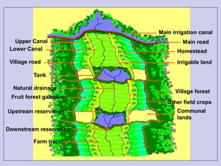 Main irrigation canal
Natural drainage
Irrigable land
Homestead
Other field crops
Village forest
Main road
Village road
Farm tract
Communal
lands
Tank
Lower Canal
Upper Canal
Fruit forest gardens
Upstream reservation
Downstream reservation
 