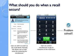 What should you do when a recall
occurs?




                                                                   Problem
                                                                   solved!!



 User can drill in an alert to         User can contact
 see recall details. Remedy         manufacturer to get to
  info allows user to take       resolution of the recall issue.
  action by contacting the
       manufacturer.
 