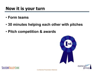 Now it is your turn

• Form teams
• 30 minutes helping each other with pitches
• Pitch competition & awards




                 Confidential Presentation Materials
 